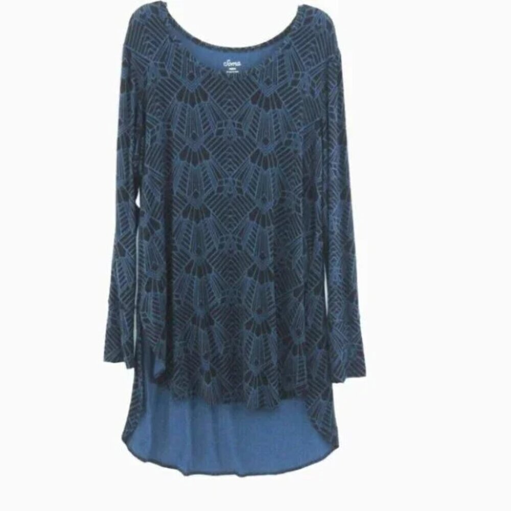 Soma Black Blue Printed  Round Neck High Low Geometric Long Sleeve Tunic Top